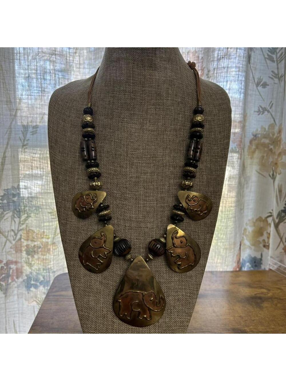Vintage Boho Beaded Statement Necklace with Brass Elephant Pendants